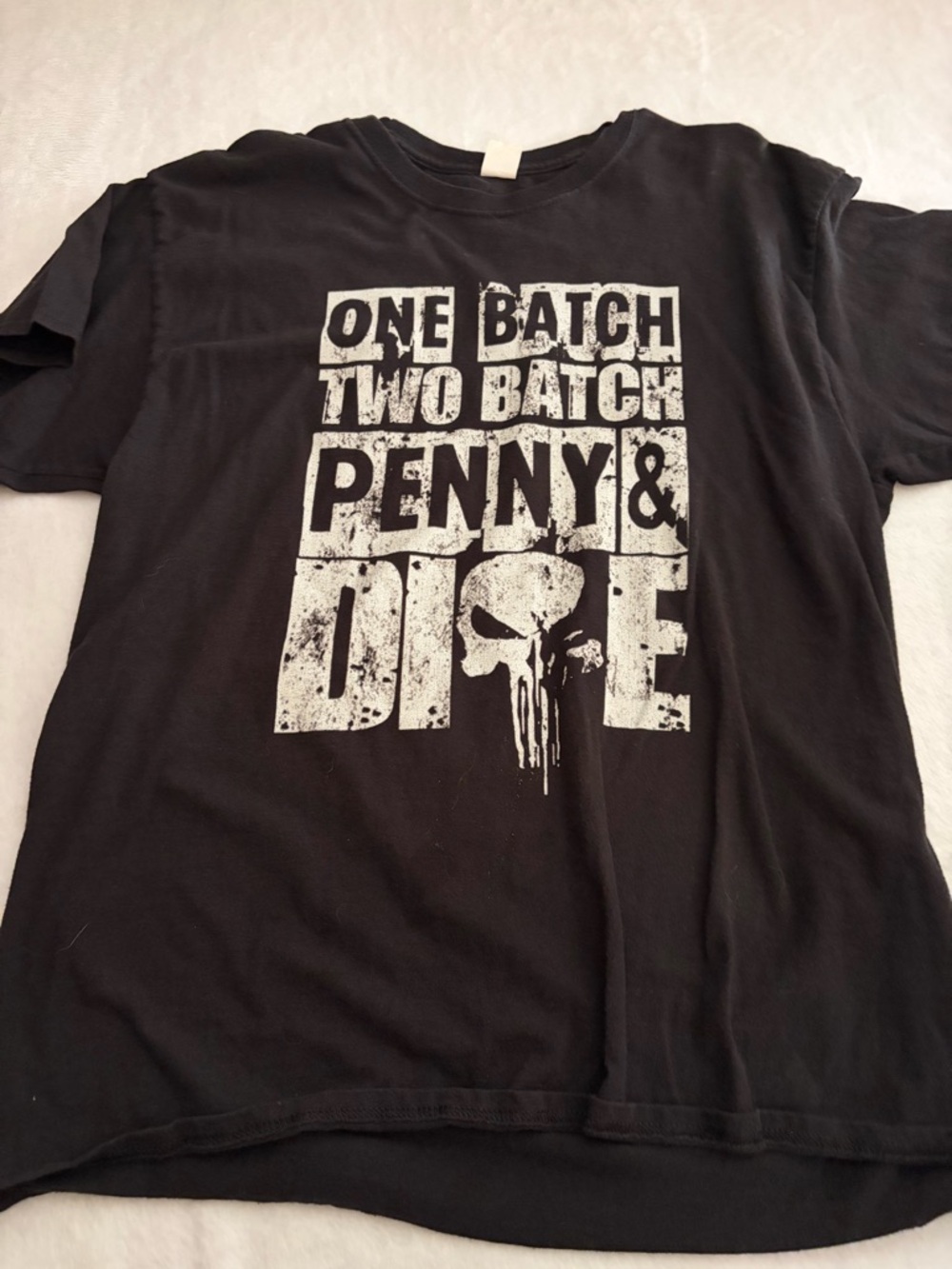 Black Graphic Tee with 'One Batch Two Batch Penny & Dime' Print